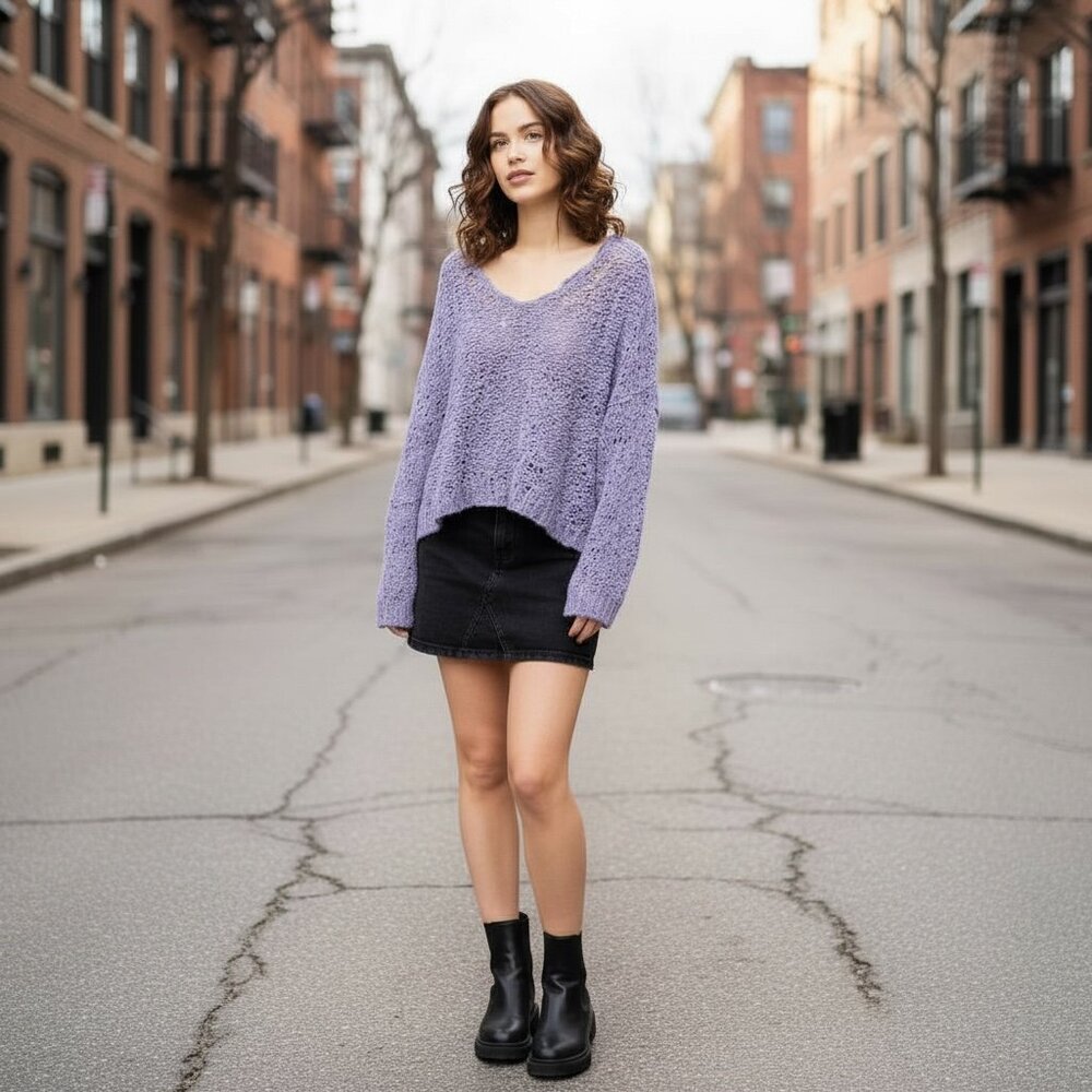 Like-New Free People Sunday Shore Purple Chunky Knit V-Neck Sweater - Size XS